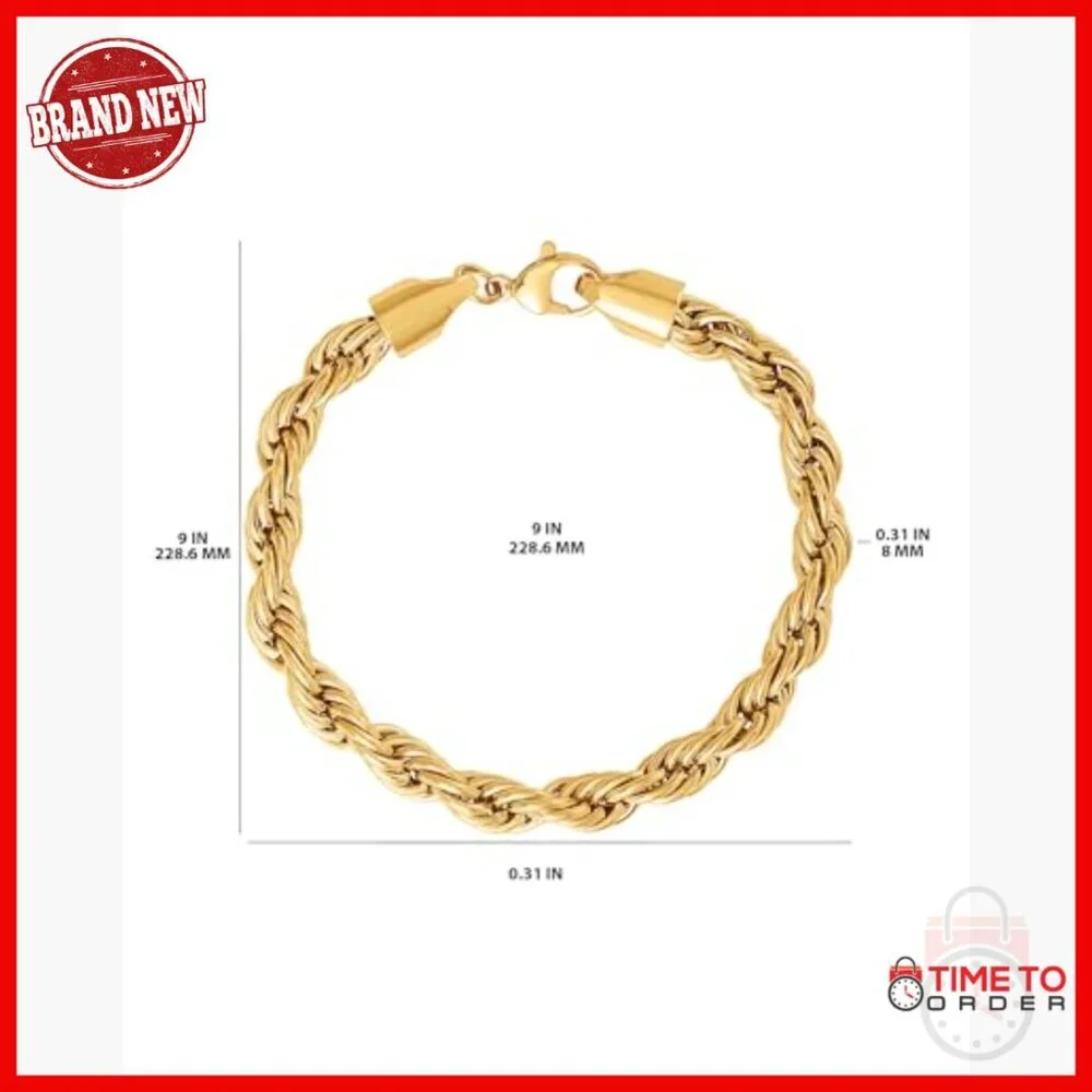 Stainless Steel Rope Chain Bracelet 8MM Gold-Tone 9 Inch Durable Link Jewelry
